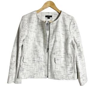 Ann Taylor White Gray Marled Tweed Zip Up Blazer Jacket Size 12 Petite